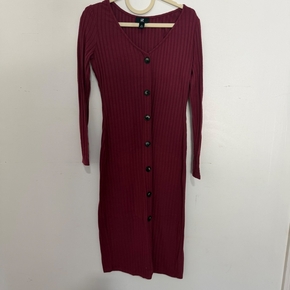 IZ Byer Burgundy Ribbed Long Sleeve Button Front Midi Dress Womens Medium